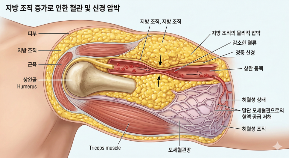 지방조직 증가로 인한 혈관 및 신경 압박
