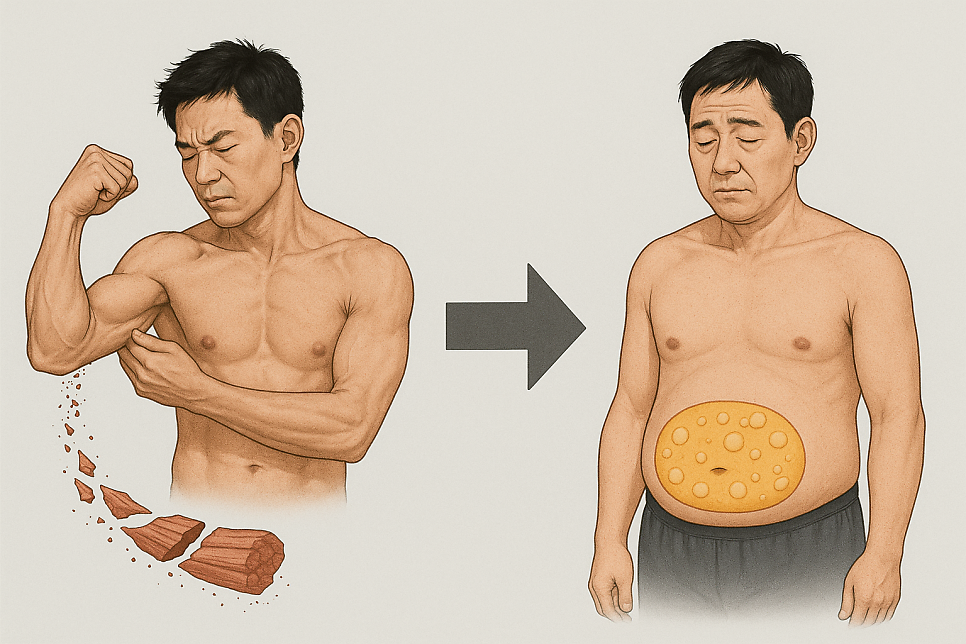 근육이 에너지로 소비되어 근육량이 줄어듭니다. 이후, 음식 섭취를 하면 지방으로 쉽게 저장됩니다.