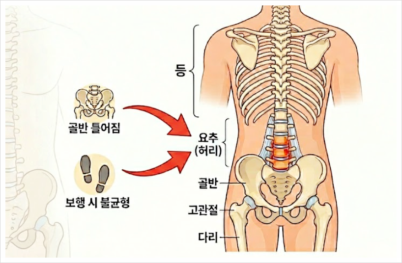 허리 자체의 문제뿐만 아니라, 전체적인 정렬과 보행 등의 움직임 등이 허리 통증에 영향을 줍니다