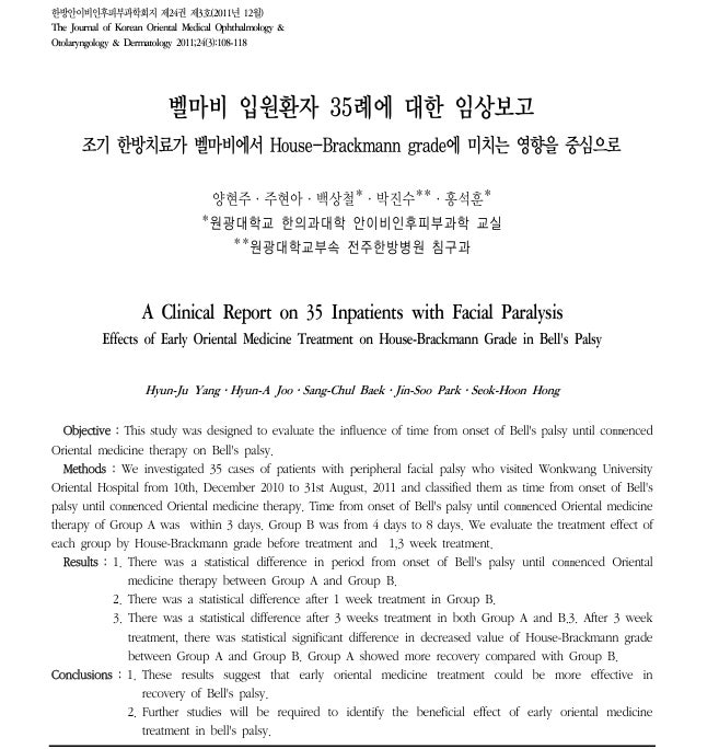 벨마비 입원환자 35례에 대한 조기 한방치료의 효과 연구