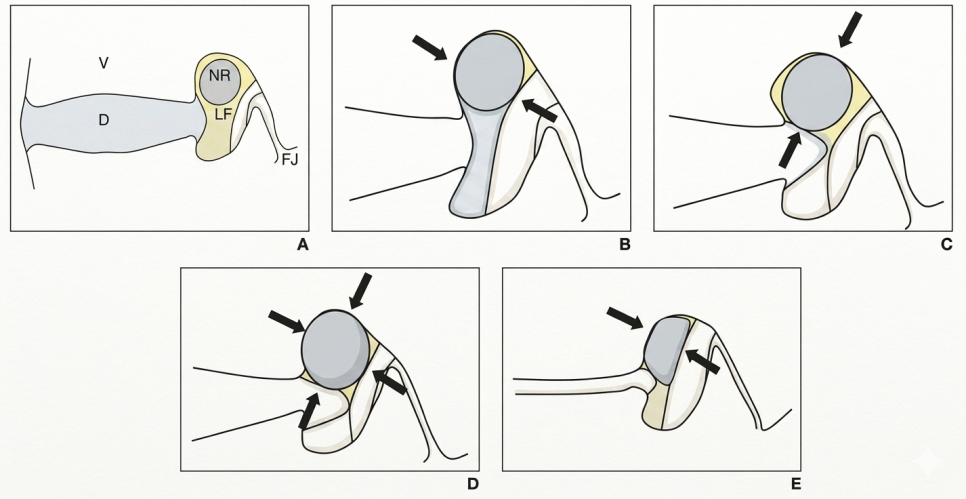 Reproduced from Seunghun Lee et al. A Practical MRI Grading System for Lumbar Foraminal Stenosis. Korean Journal of Radiology. 2010; 194:1095–1098 Lee Grading System을 이용한 요추 추간공 협착증 평가 Grade 0 (정상) -A 추간공이 충분히 확보되어 있으며 신경근 주변의 지방층(perineural fat)이 잘 유지되어 있습니다. 신경 압박 소견이 없습니다. Grade 1 (경도 협착) - B, C 신경근의 상하 또는 전후 방향 중 한 축에서 주변 지방층이 일부 소실된 상태입니다. 신경근과 주변 구조물이 접촉하고 있지만 신경근 자체의 형태 변화는 없습니다. Grade 2 (중등도 협착) - D 신경근을 둘러싸던 지방층이 사방(상·하·전·후)에서 모두 소실된 상태입니다. 다만 신경근 자체의 모양은 아직 정상적으로 유지됩니다. Grade 3 (중증 협착) - E 신경근이 실제로 압박되어 함몰되거나 형태가 변형된 상태입니다. Lee Grading System에서 가장 심한 단계의 추간공 협착에 해당합니다.