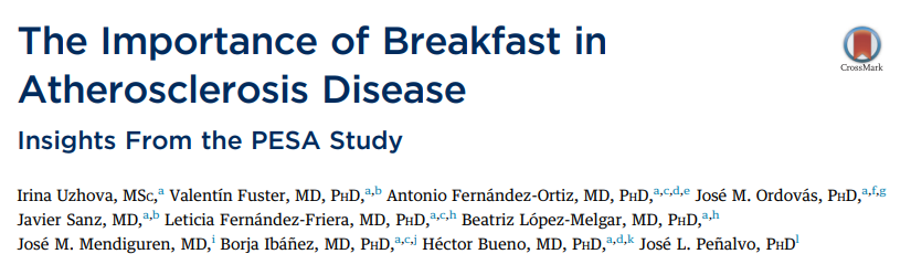 UZHOVA, Irina, et al. The importance of breakfast in atherosclerosis disease: insights from the PESA study. Journal of the American College of Cardiology, 2017, 70.15: 1833-1842.