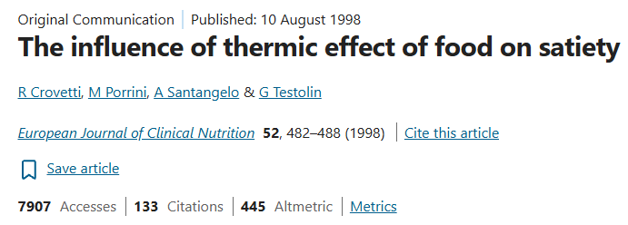 CROVETTI, R., et al. The influence of thermic effect of food on satiety. European Journal of Clinical Nutrition, 1998, 52.7: 482–8.