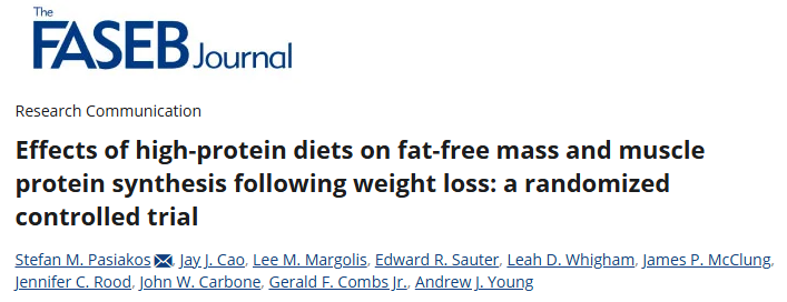 PASIAKOS et al. Effects of high protein diets on fat-free mass and muscle protein synthesis following weight loss: a randomized controlled trial. 2013.