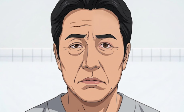 오른쪽, 왼쪽, 어디가 마비가 온 쪽일까요~? 입술이 아래로 쳐지고, 이마주름이 안 만들어지는 왼쪽 얼굴이 마비가 온 쪽입니다.